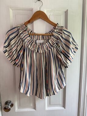 ASTR the Label Striped Off-the-Shoulder Blouse Orange Blue White